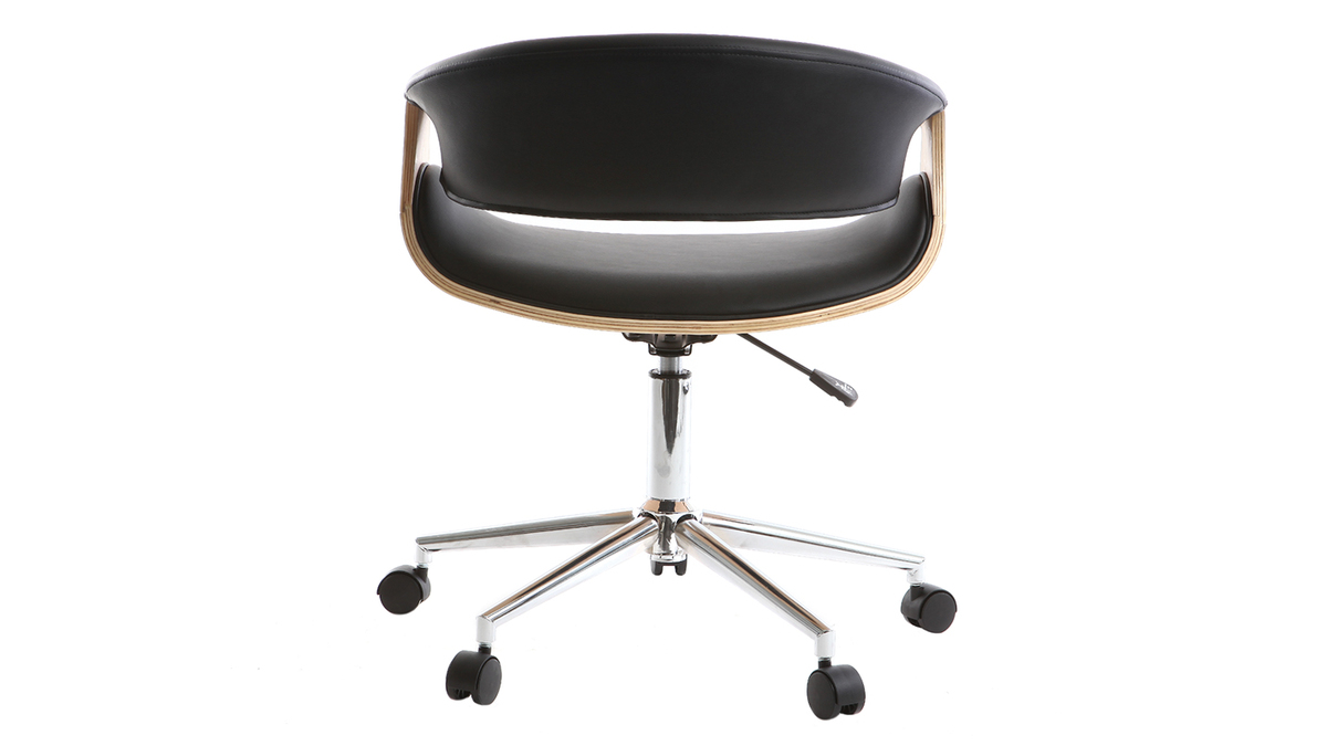 Chaise de bureau  roulettes design noir, bois clair et acier chrom ARAMIS