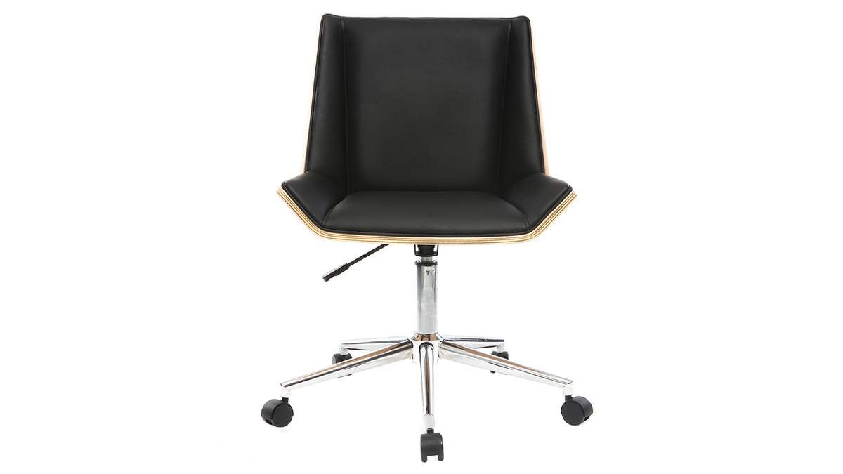 Chaise de bureau  roulettes design noir, bois clair et acier chrom MELKIOR