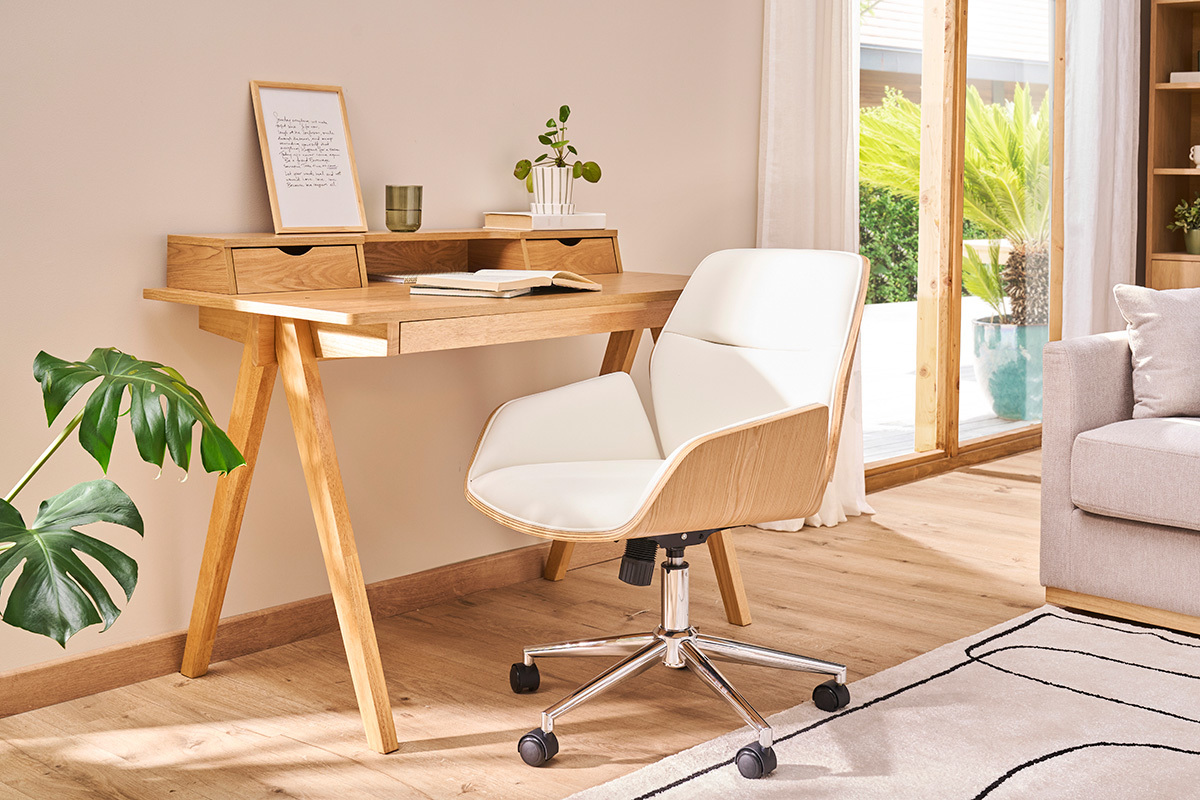 Chaise de bureau à roulettes design noir, bois foncé et métal noir MARLOW