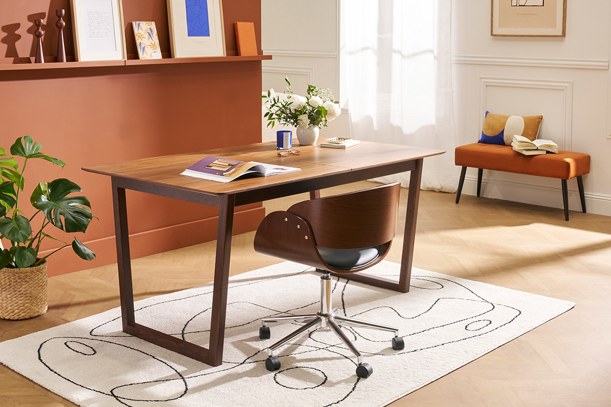 Chaise de bureau à roulettes design noir, bois foncé noyer et acier chromé  BENT