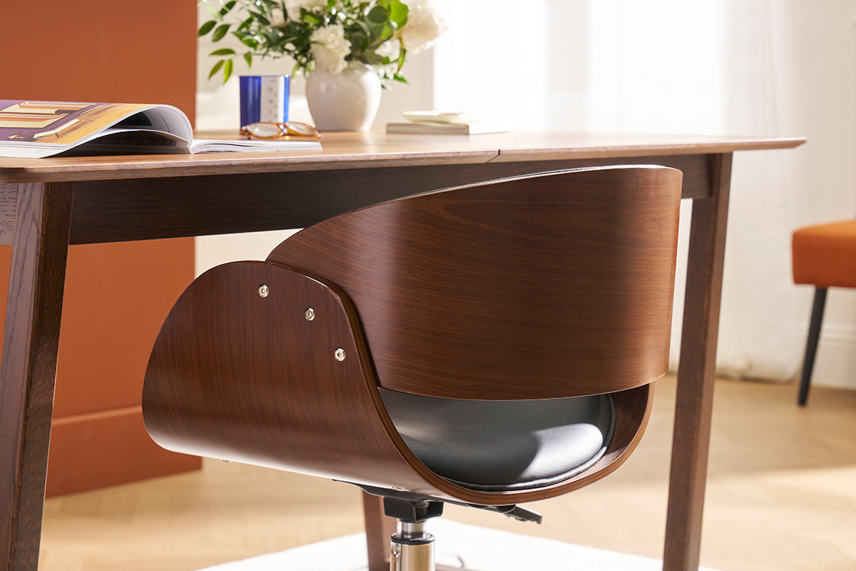 Chaise de bureau à roulettes design noir, bois foncé noyer et acier chromé  BENT