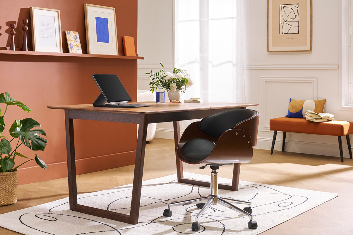Chaise de bureau à roulettes design noir, bois foncé noyer et acier chromé  BENT
