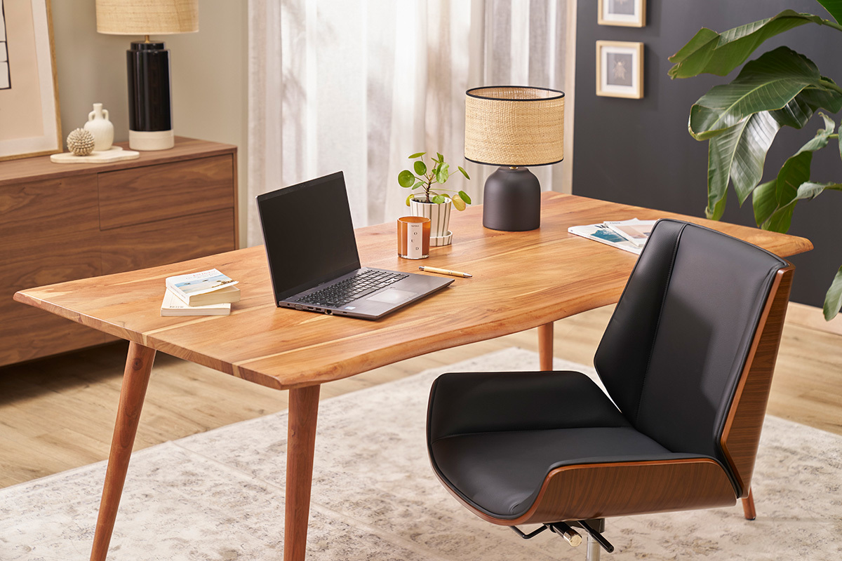 Chaise de bureau  roulettes design noir, bois fonc noyer et acier chrom CURVED