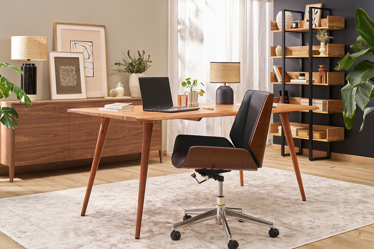 Chaise de bureau  roulettes design noir, bois fonc noyer et acier chrom CURVED