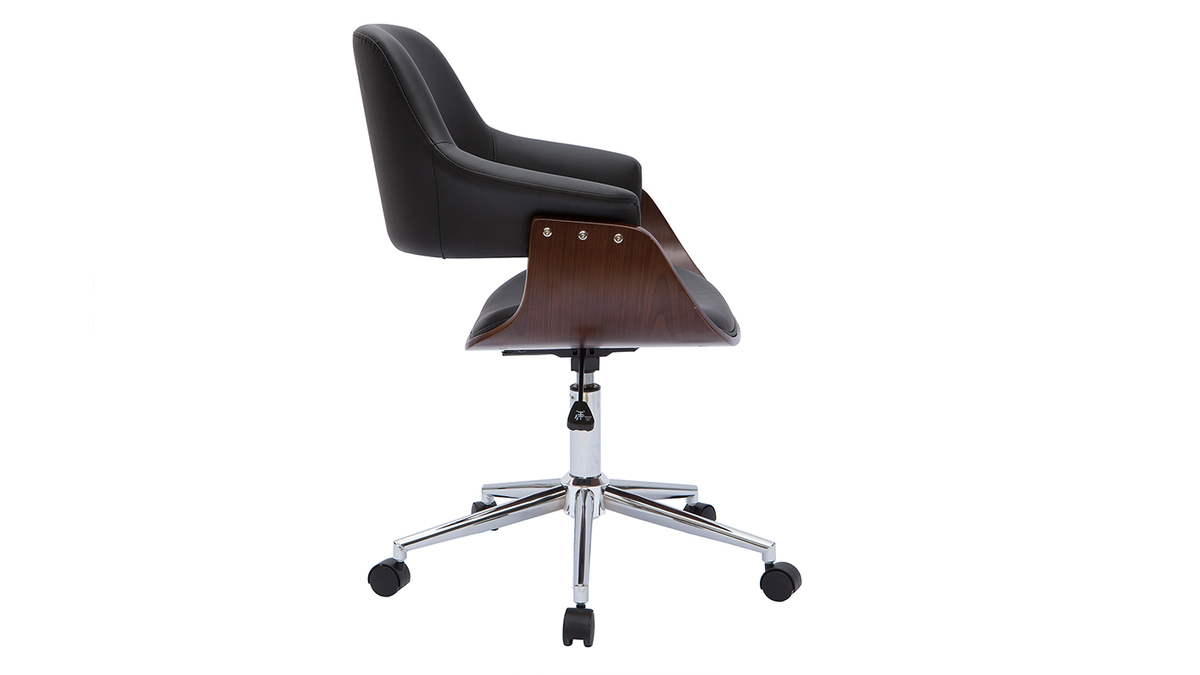 Chaise de bureau  roulettes design noir, bois fonc noyer et acier chrom HANSEN