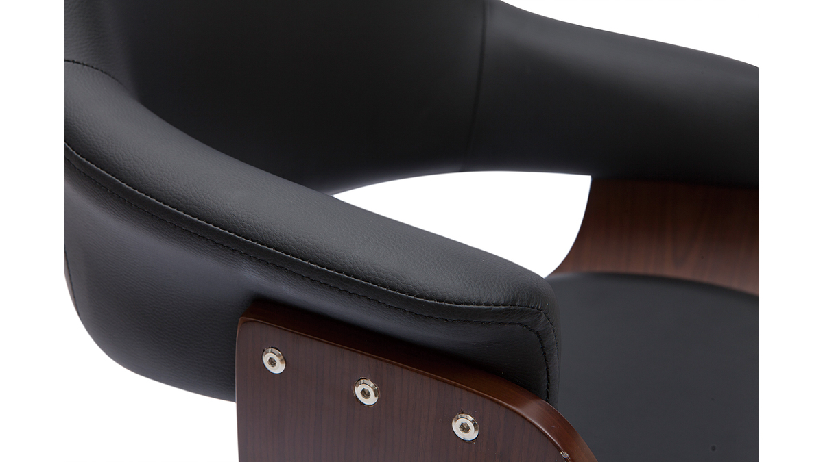 Chaise de bureau  roulettes design noir, bois fonc noyer et acier chrom HANSEN