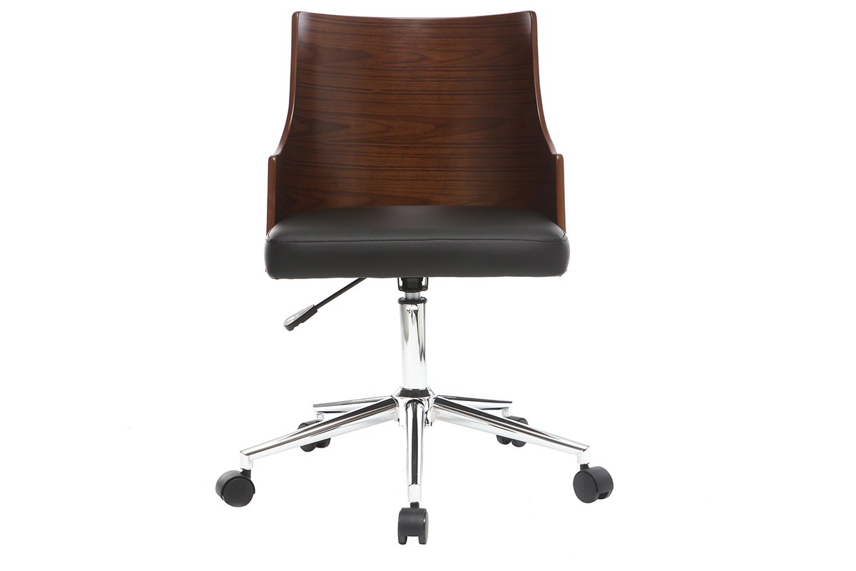 Chaise de bureau � roulettes design noir, bois fonc� noyer et acier chrom� MAYOL