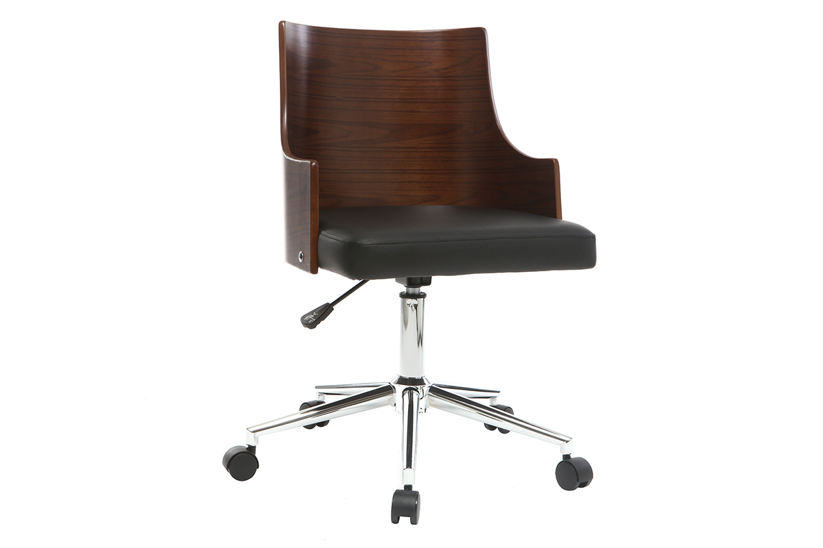 Chaise de bureau � roulettes design noir, bois fonc� noyer et acier chrom� MAYOL