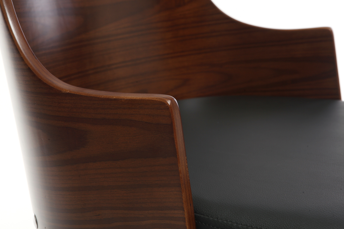 Chaise de bureau � roulettes design noir, bois fonc� noyer et acier chrom� MAYOL