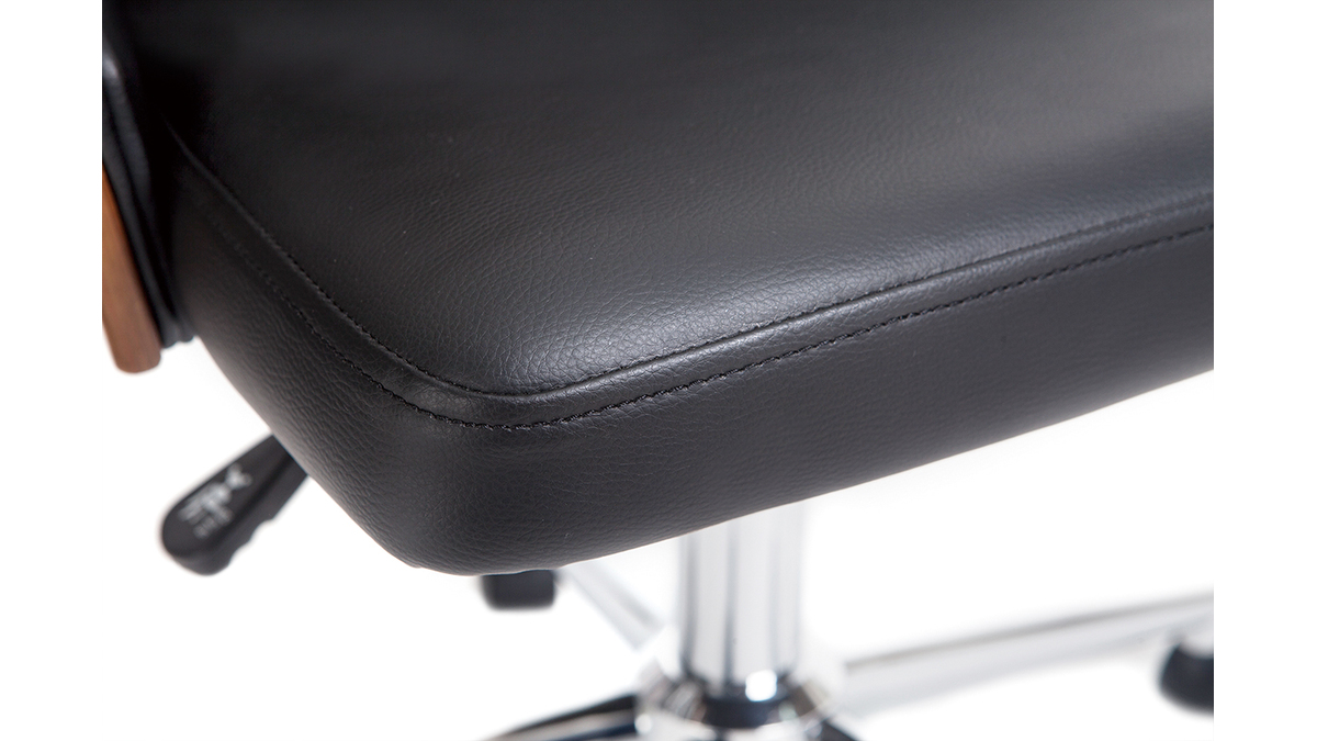Chaise de bureau  roulettes design noir, bois fonc noyer et acier chrom QUINO
