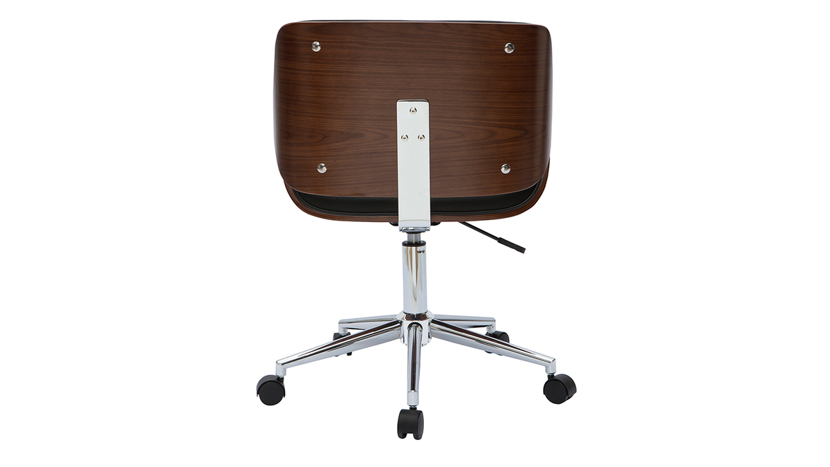 Chaise de bureau  roulettes design noir, bois fonc noyer et acier chrom RUBBENS
