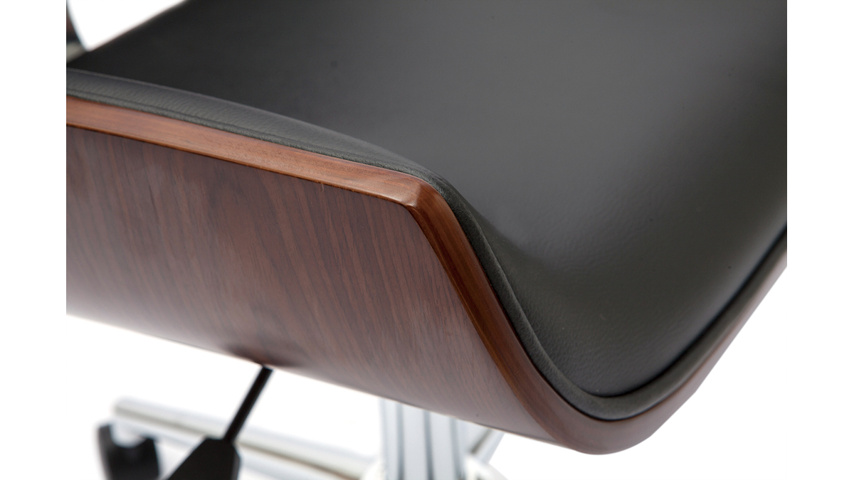 Chaise de bureau  roulettes design noir, bois fonc noyer et acier chrom RUBBENS