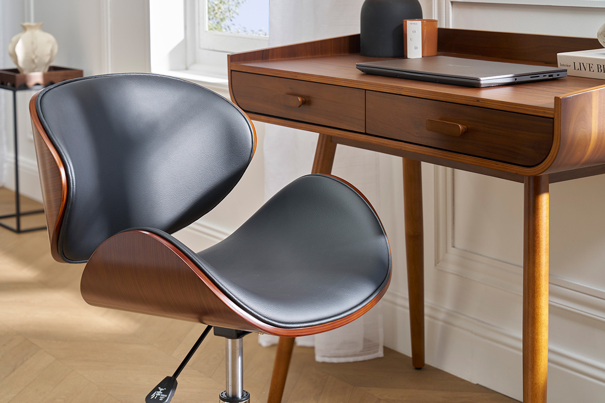 Chaise de bureau  roulettes design noir, bois fonc noyer et acier chrom WALNUT