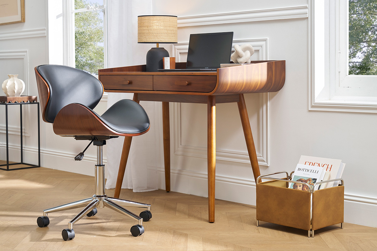 Chaise de bureau  roulettes design noir, bois fonc noyer et acier chrom WALNUT