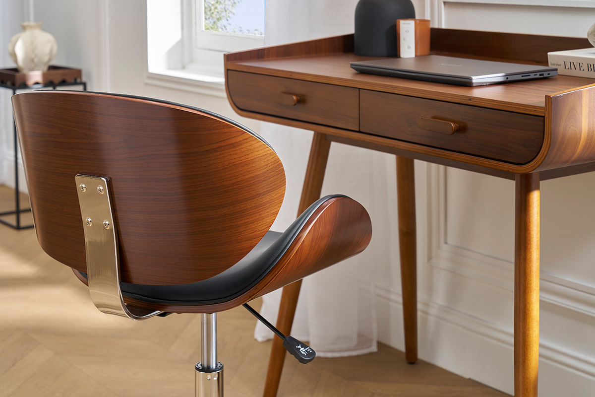 Chaise de bureau  roulettes design noir, bois fonc noyer et acier chrom WALNUT