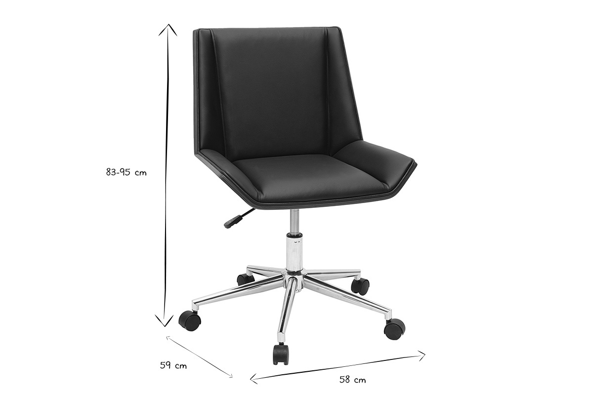 Chaise de bureau � roulettes design noire, bois fonc� et acier chrom� MELKIOR