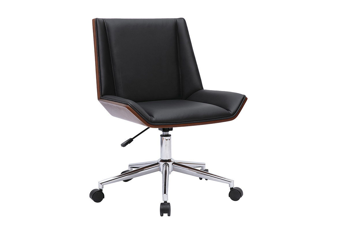 Chaise de bureau � roulettes design noire, bois fonc� et acier chrom� MELKIOR