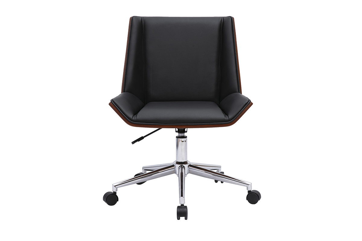 Chaise de bureau � roulettes design noire, bois fonc� et acier chrom� MELKIOR