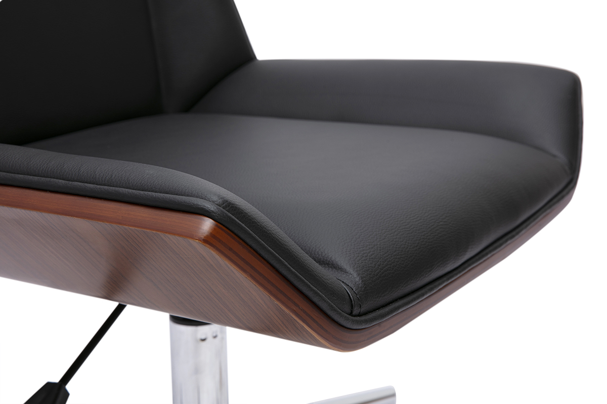 Chaise de bureau � roulettes design noire, bois fonc� et acier chrom� MELKIOR