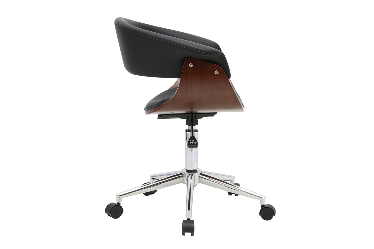 Chaise de bureau � roulettes design noire, bois fonc� et acier chrom� OKTAV