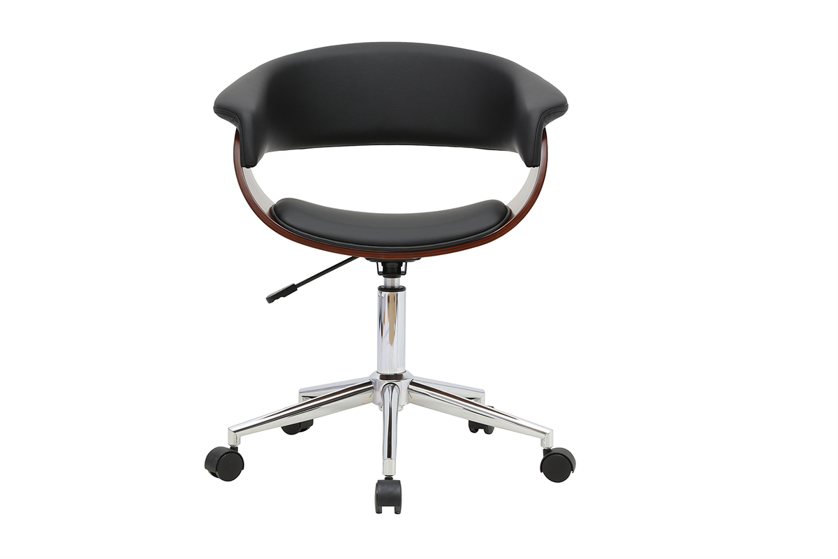 Chaise de bureau � roulettes design noire, bois fonc� et acier chrom� OKTAV
