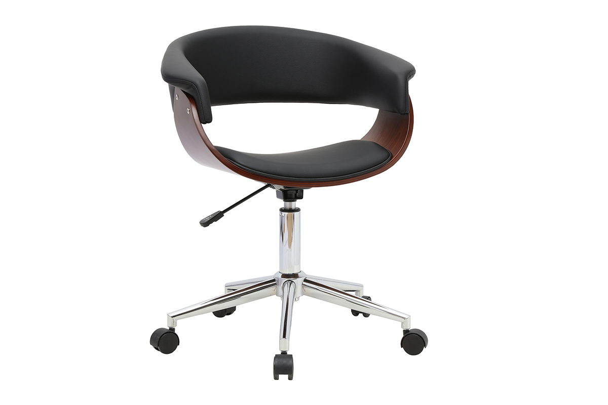 Chaise de bureau � roulettes design noire, bois fonc� et acier chrom� OKTAV