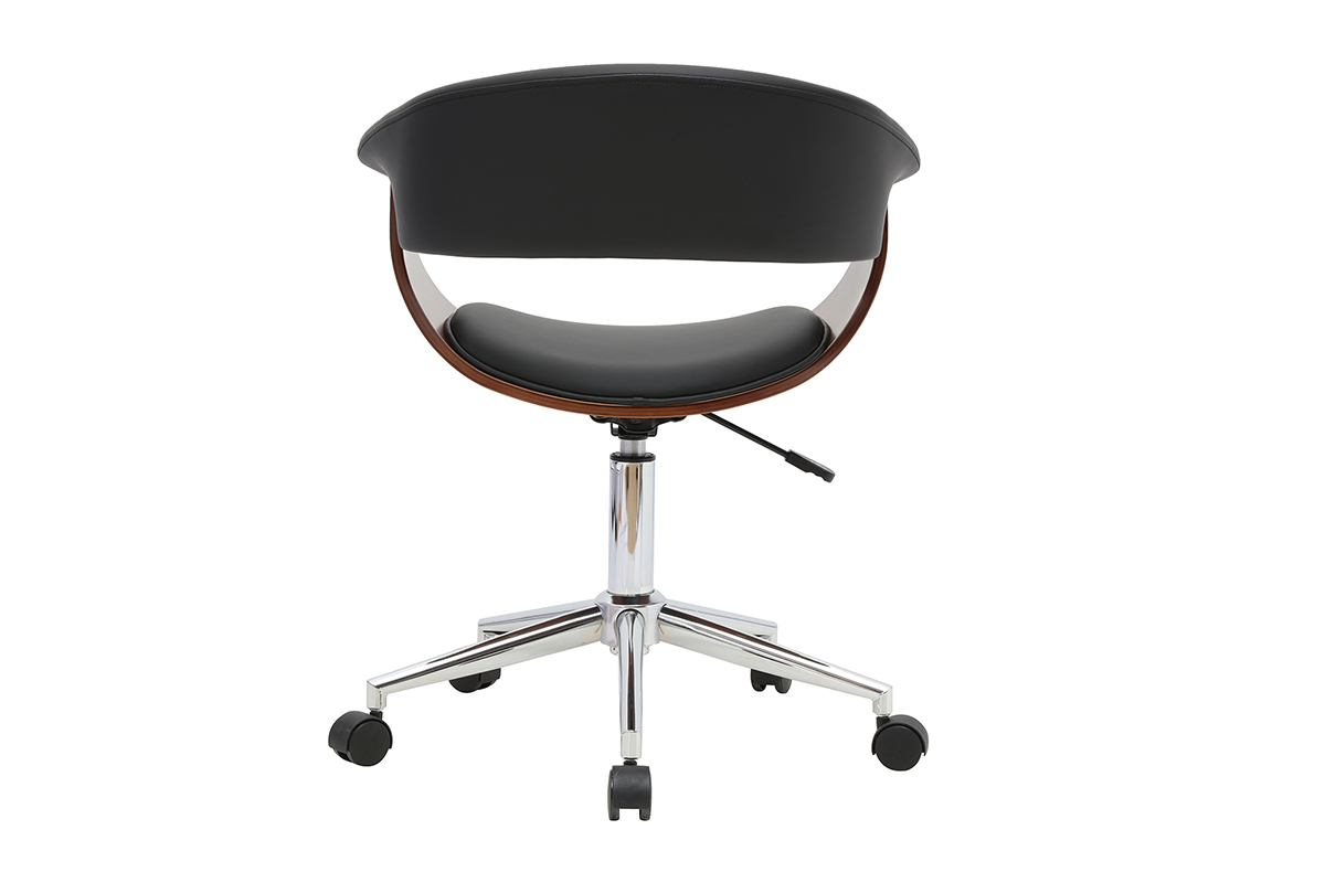 Chaise de bureau � roulettes design noire, bois fonc� et acier chrom� OKTAV
