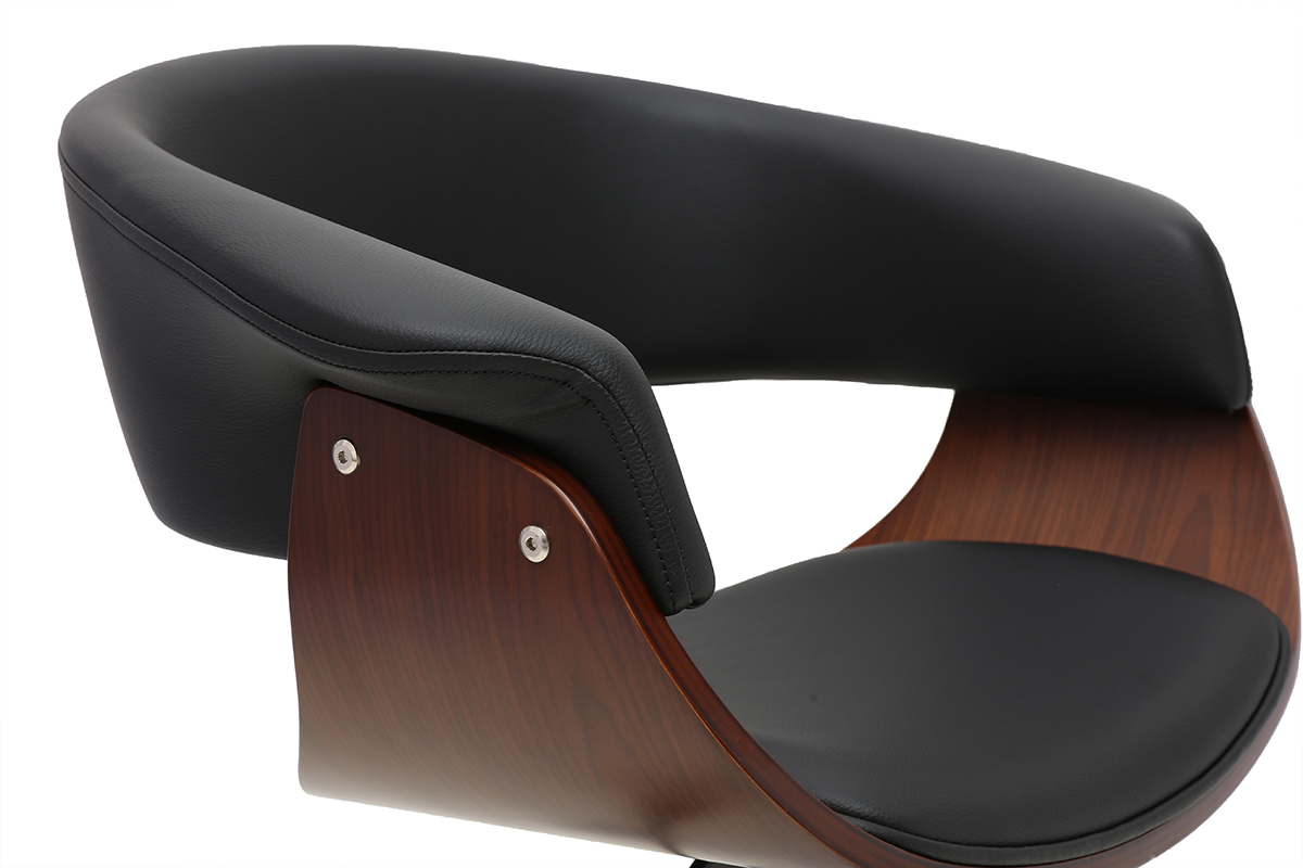 Chaise de bureau � roulettes design noire, bois fonc� et acier chrom� OKTAV