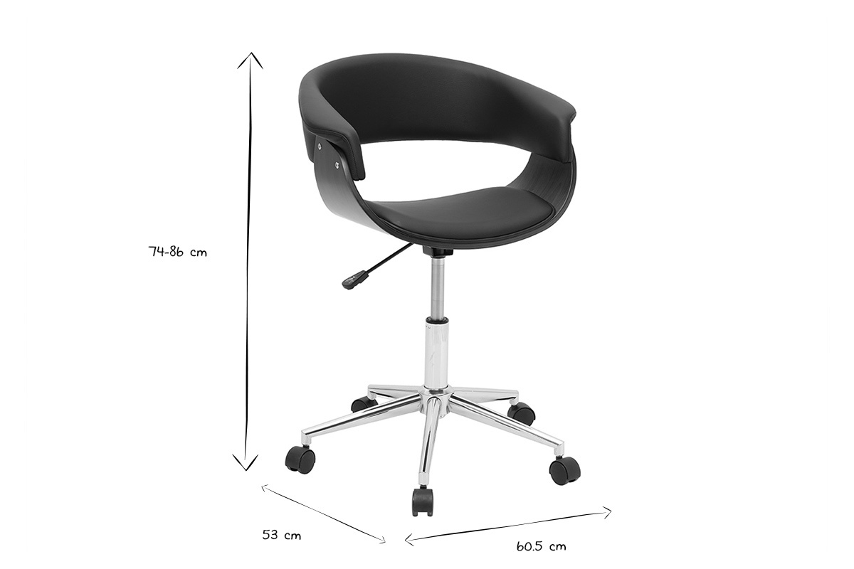 Chaise de bureau � roulettes design noire, bois fonc� et acier chrom� OKTAV