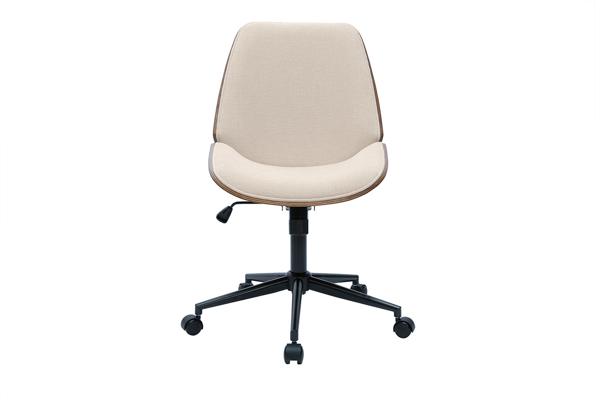 Chaise de bureau  roulettes en bois et tissu effet velours textur beige DOUGLAS