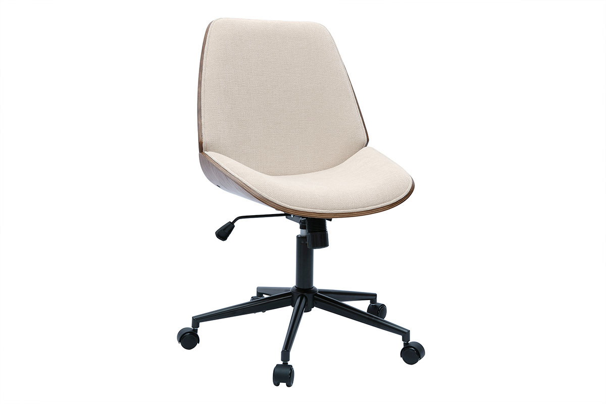 Chaise de bureau  roulettes en bois et tissu effet velours textur beige DOUGLAS