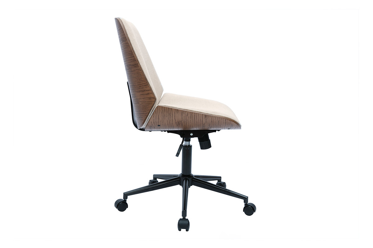 Chaise de bureau  roulettes en bois et tissu effet velours textur beige DOUGLAS