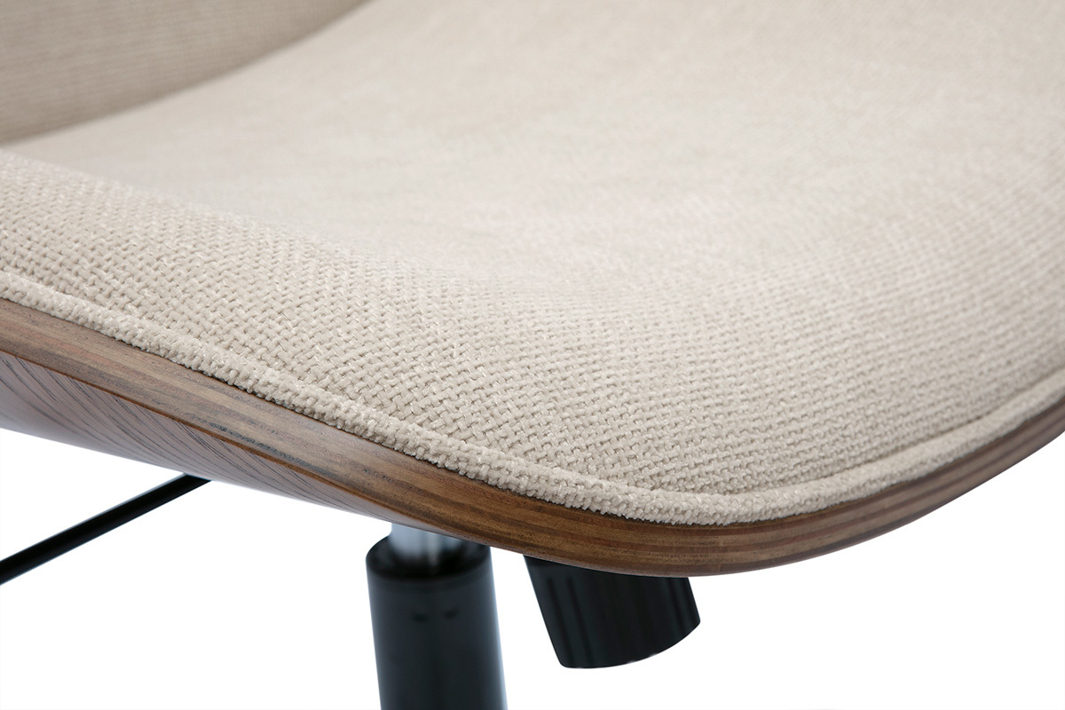 Chaise de bureau  roulettes en bois et tissu effet velours textur beige DOUGLAS