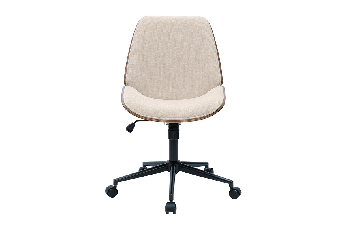 Chaise de bureau  roulettes en bois et tissu effet velours textur beige DOUGLAS