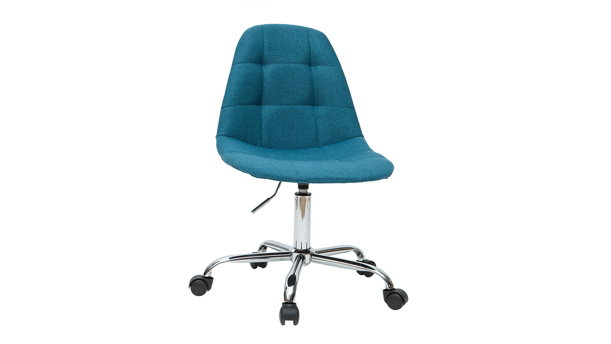 Chaise de bureau  roulettes en tissu bleu ptrole et acier chrom COX