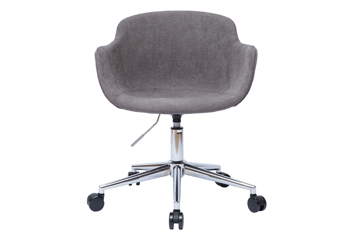 Chaise de bureau  roulettes en tissu effet velours gris et acier chrom AARON