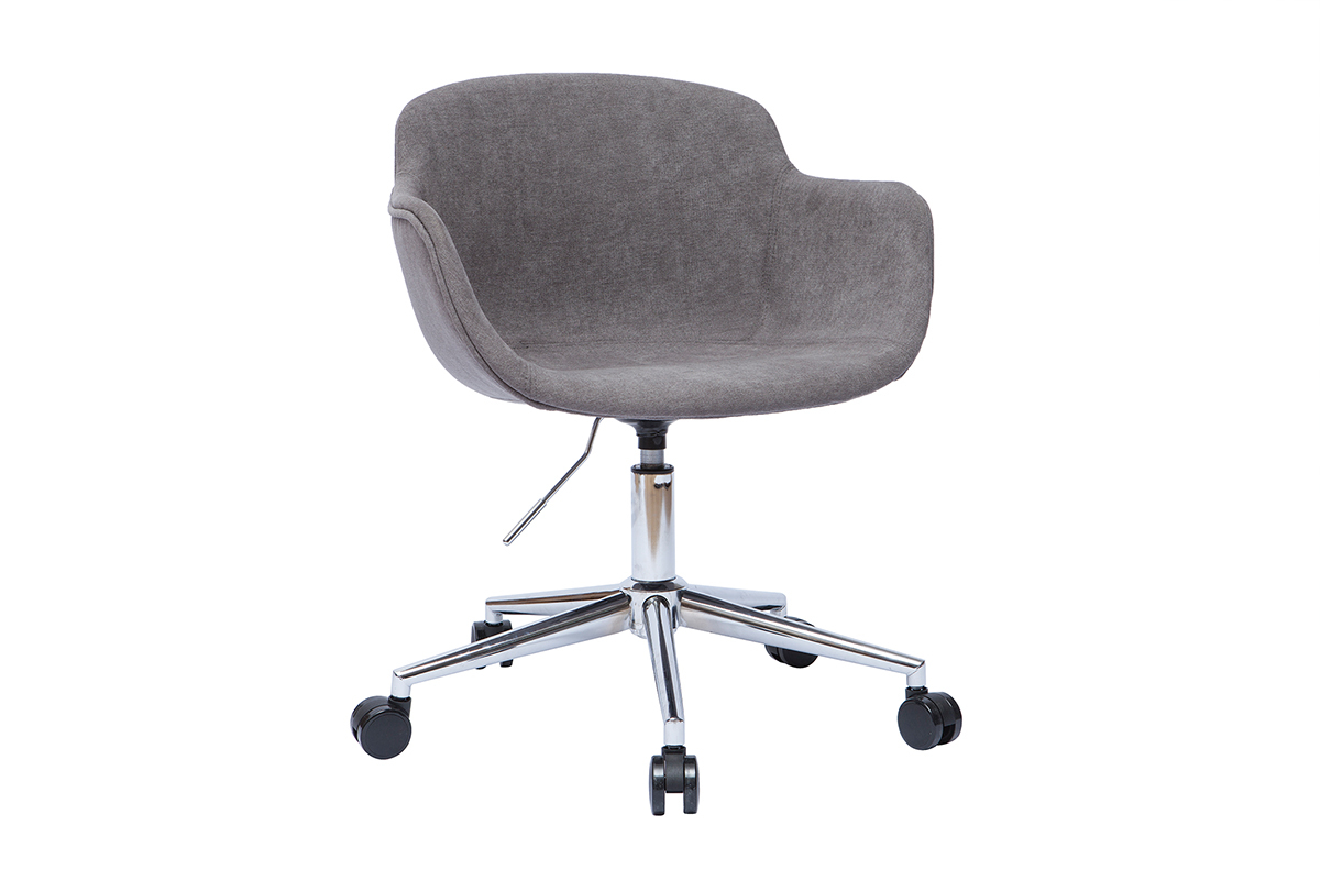 Chaise de bureau  roulettes en tissu effet velours gris et acier chrom AARON