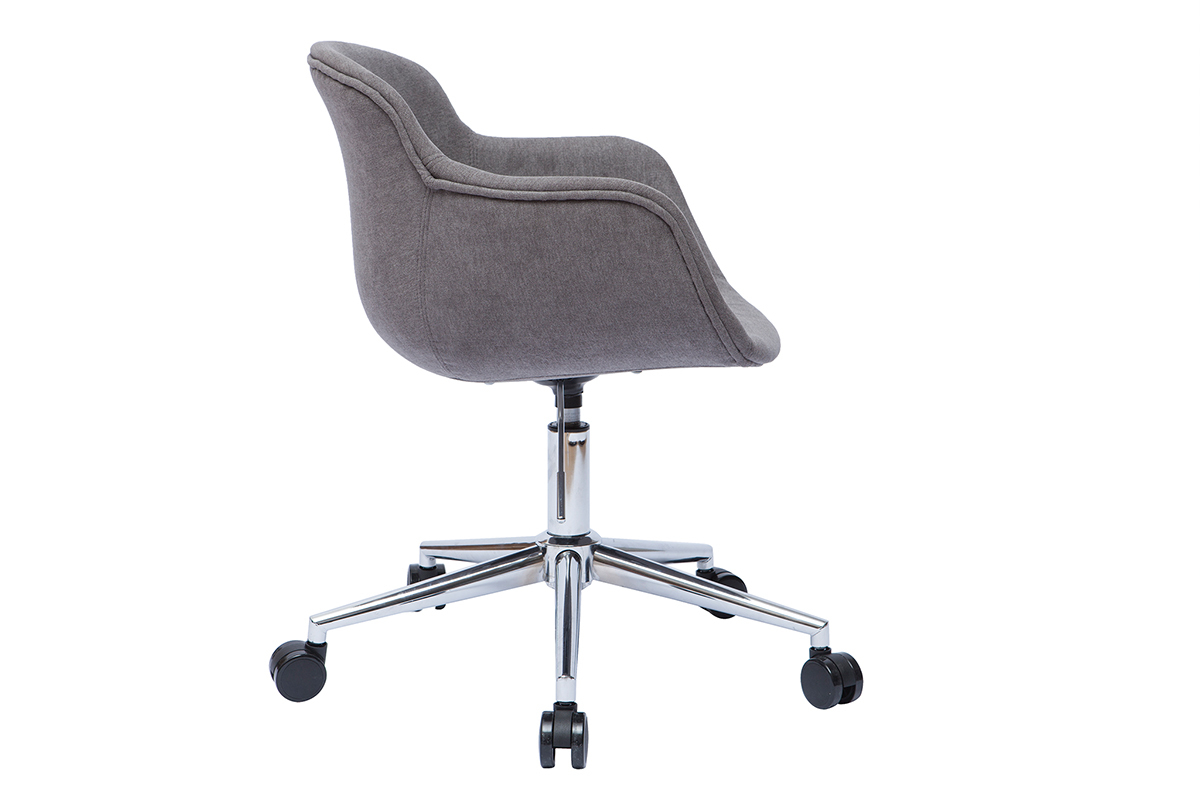 Chaise de bureau  roulettes en tissu effet velours gris et acier chrom AARON