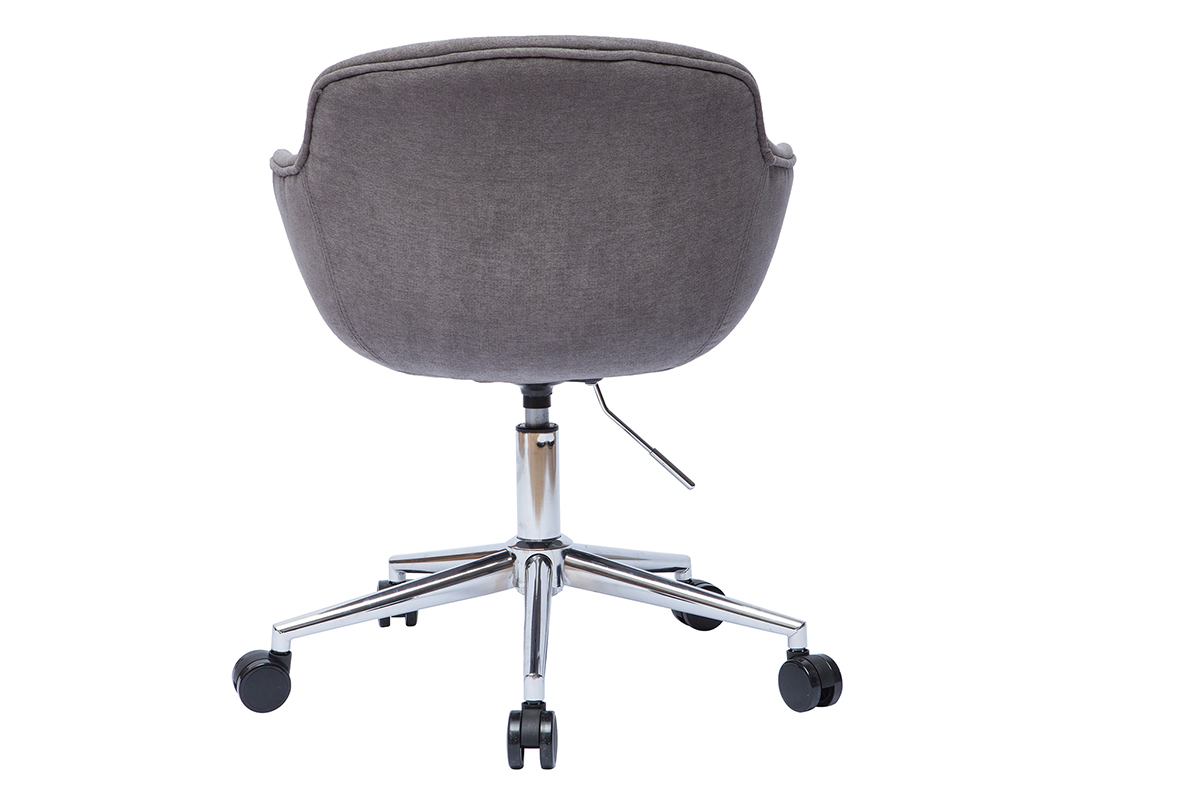 Chaise de bureau  roulettes en tissu effet velours gris et acier chrom AARON