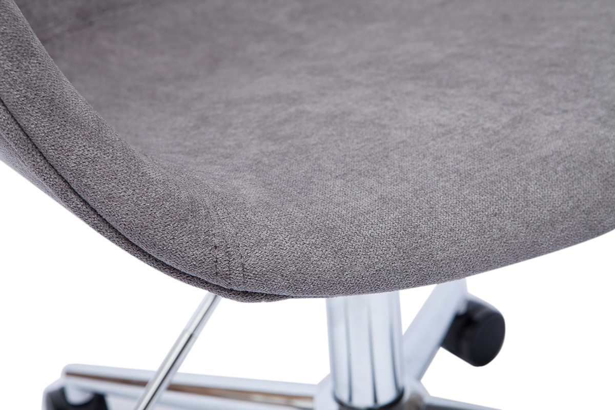 Chaise de bureau  roulettes en tissu effet velours gris et acier chrom AARON