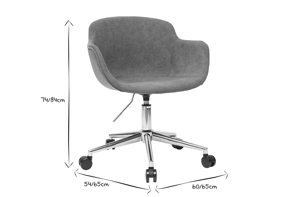 Chaise de bureau  roulettes en tissu effet velours gris et acier chrom AARON