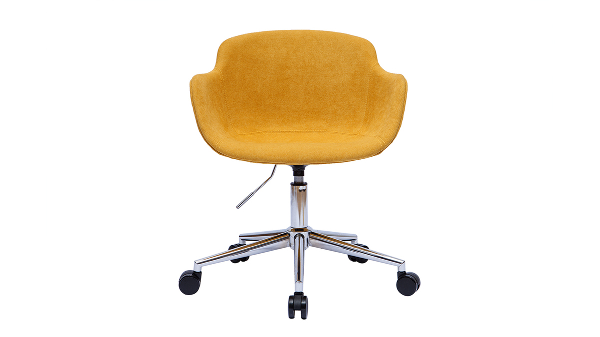 Chaise de bureau  roulettes en tissu effet velours jaune moutarde et acier chrom AARON