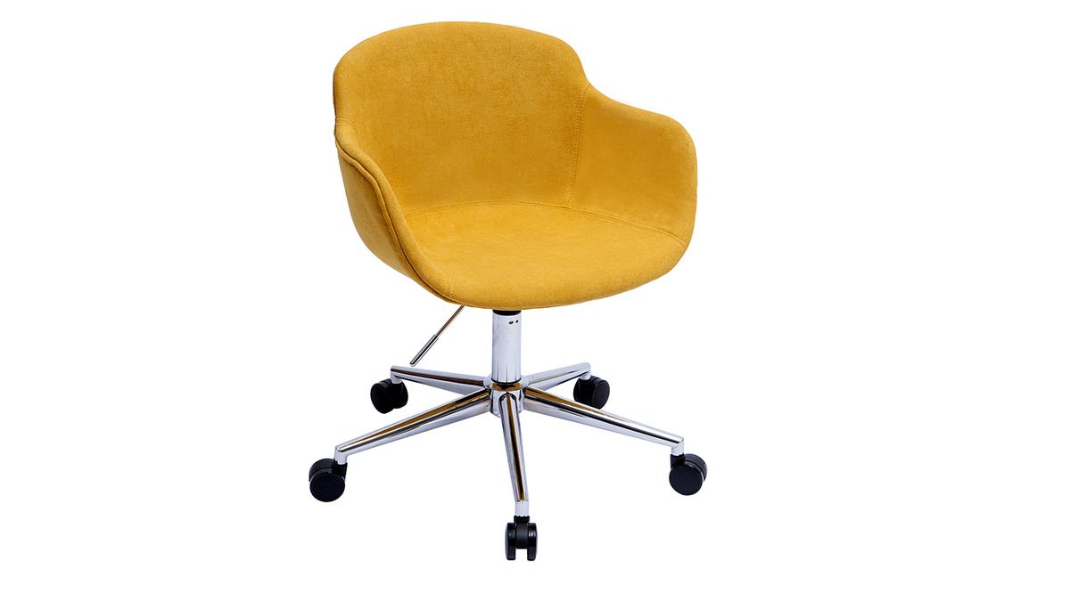 Chaise de bureau  roulettes en tissu effet velours jaune moutarde et acier chrom AARON