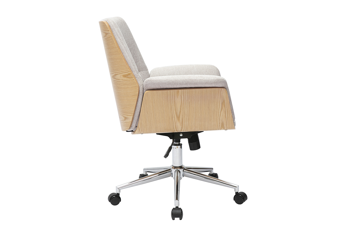Chaise de bureau � roulettes en tissu effet velours textur� beige, bois clair et m�tal chrom� HELIOS