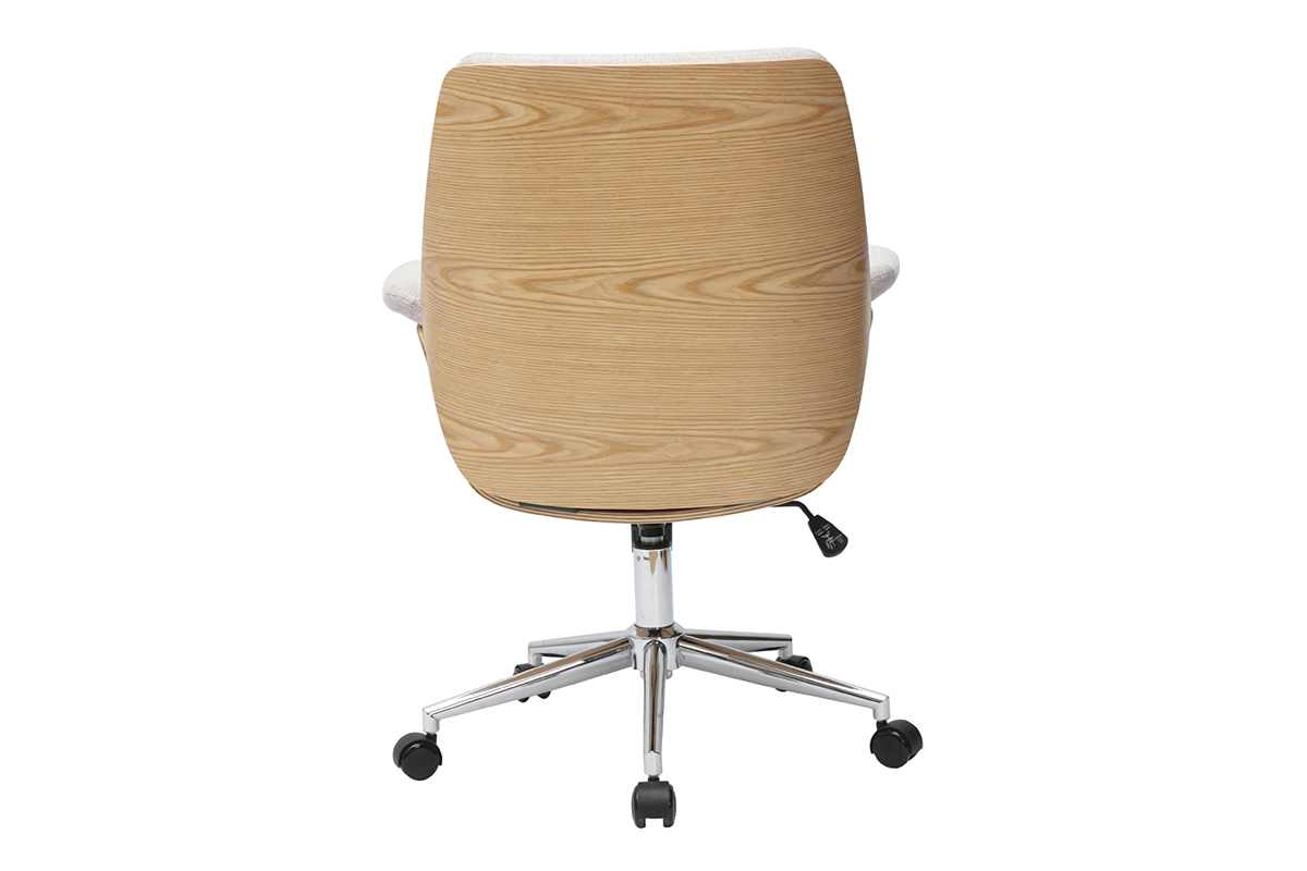 Chaise de bureau � roulettes en tissu effet velours textur� beige, bois clair et m�tal chrom� HELIOS