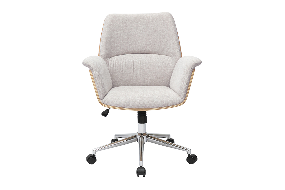 Chaise de bureau � roulettes en tissu effet velours textur� beige, bois clair et m�tal chrom� HELIOS