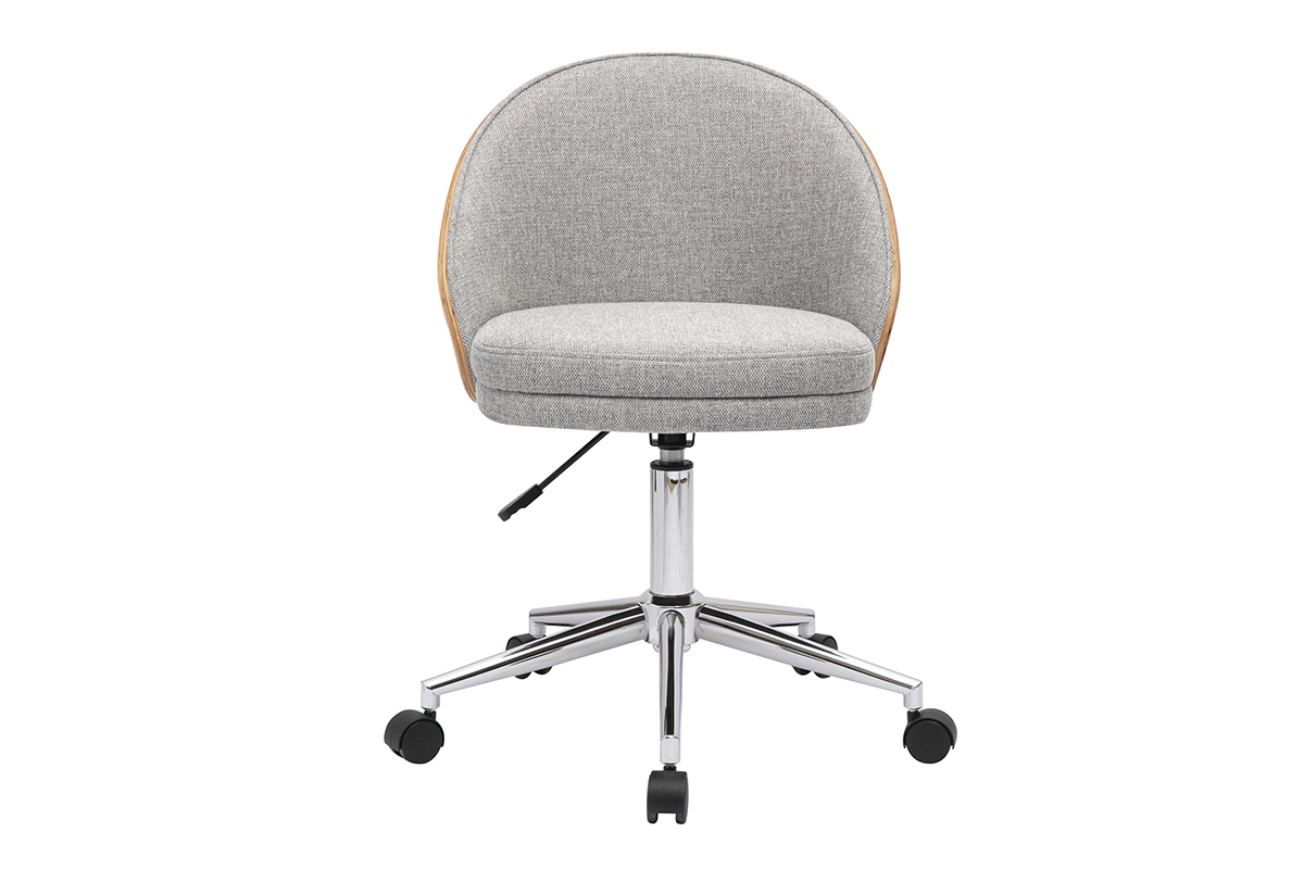 Chaise de bureau � roulettes en tissu effet velours textur� gris, bois clair et m�tal chrom� TUCSON