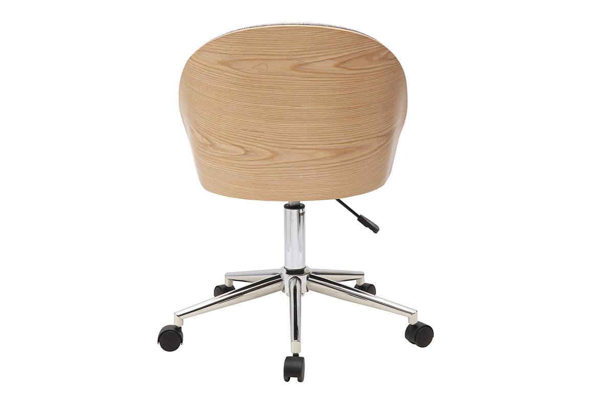 Chaise de bureau � roulettes en tissu effet velours textur� gris, bois clair et m�tal chrom� TUCSON