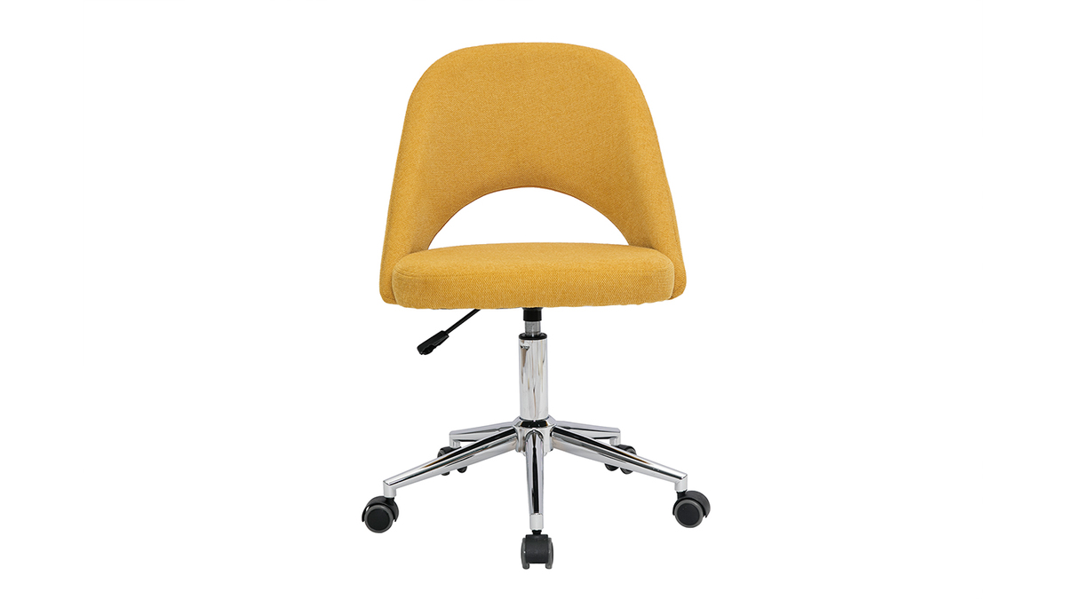 Chaise de bureau  roulettes en tissu effet velours textur jaune moutarde et acier chrom COSETTE