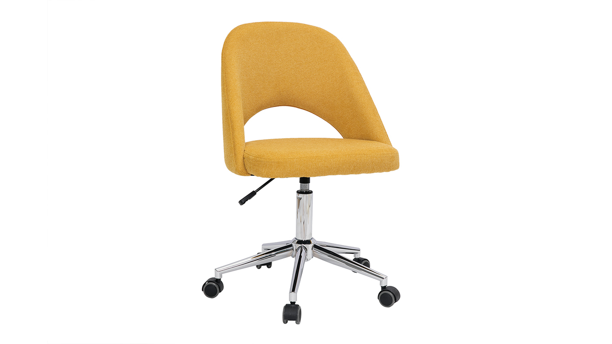 Chaise de bureau  roulettes en tissu effet velours textur jaune moutarde et acier chrom COSETTE